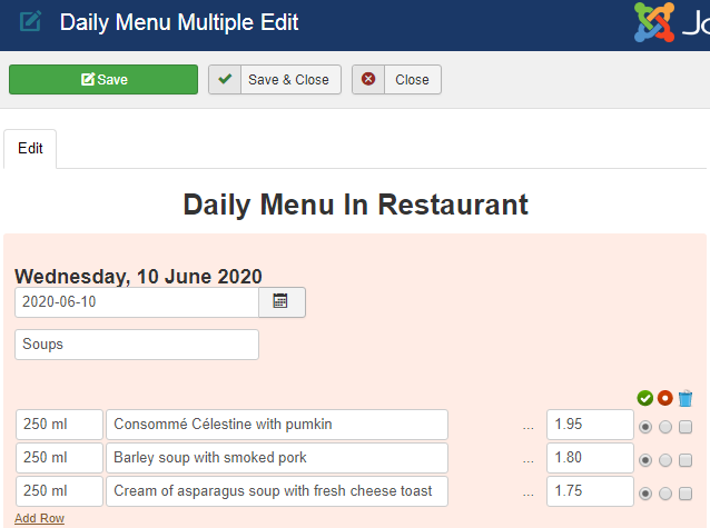 Phoca Restaurant Menu - Multiple Edit - Daily Menu