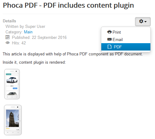 Phoca PDF - article displayed in frontend