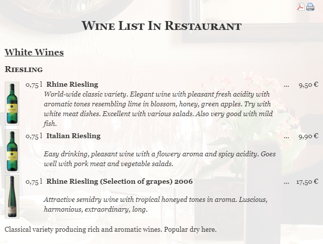 Phoca Restaurant Menu - Display a wine list